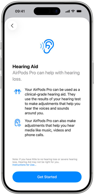 The Hearing Aid introduction screen