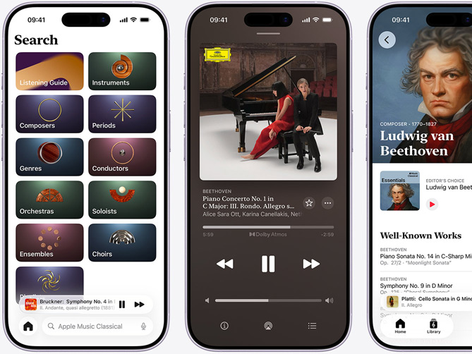 iPhone on left showing Apple Music Classical Browse tab with the Catalogue tab selected with Composers, Periods, Genres, Conductors, Orchestras, Soloists, Ensembles and Choirs categories; iPhone in middle showing Beethoven’s Piano Concerto No. 1 in C Major, Op. 15: III. Rondo. Allegro scherzando playing in Dolby Atmos; iPhone on right showing Ludwig van Beethoven’s Composer page