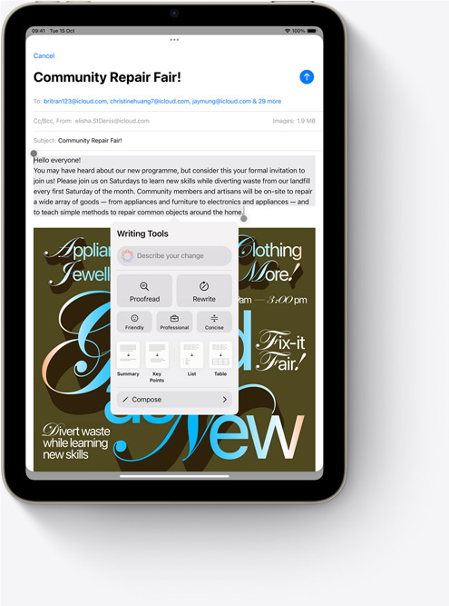 iPad mini showing Writing Tools in Mail, a new Apple Intelligence feature.