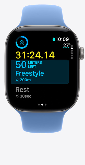 Apple Watch Series 12, aluminium case, space grey colour, Workout screen tracks Pool Swim, metrics onscreen, Sport Band, wildflower blue colour
