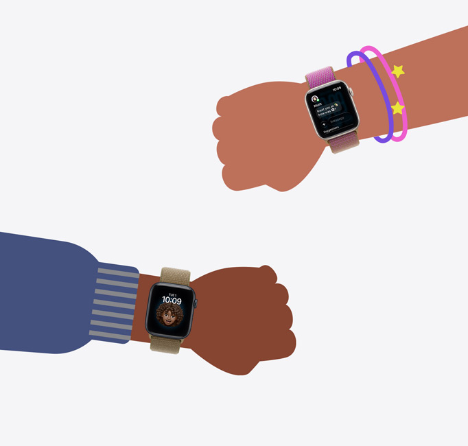 Apple Watch For Your Kids, cartoon illustrations of kids’ wrists wearing Apple Watch SE 3 devices