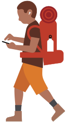 Person with hiking backpack wearing hearing aid and looking down at an iPhone in their hand