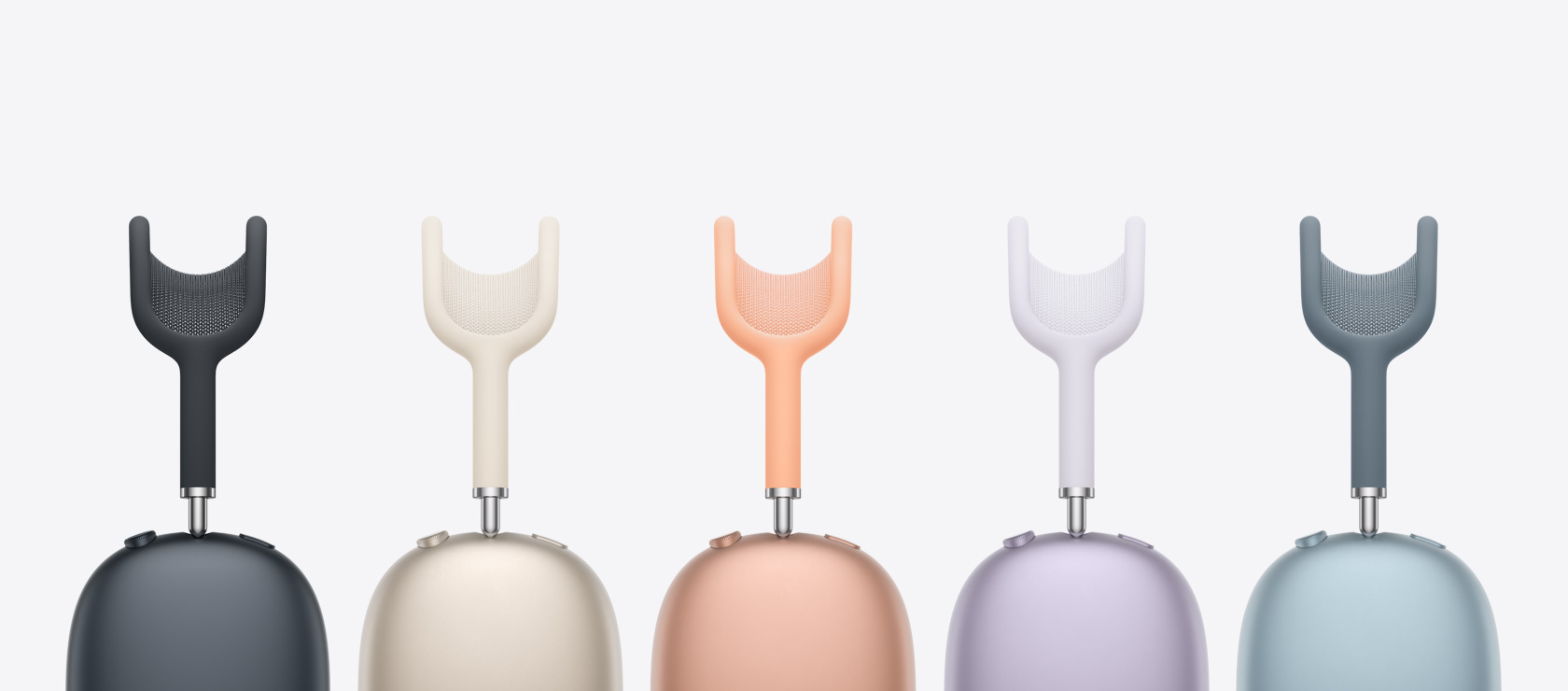 Several pairs of AirPods Max 2 headphones, side exterior, to show multiple colors available