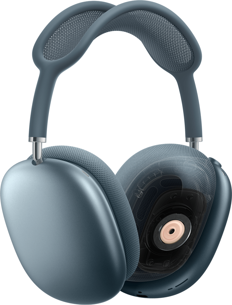 AirPods Max 2 headphones in blue color, side exterior, one ear cushion with cross-section of dynamic driver technology inside