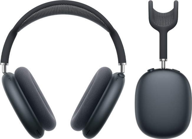 „AirPods Max 2“ ausinės, vaizdas iš priekio ir iš šono, vidurnakčio spalvos