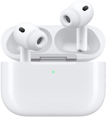 AirPods Pro 3 und MagSafe Ladecase (USB-C), gerundetes Case von aussen, LED Ladeanzeige, geöffnetes Case, Farbe Weiss, kabellose Kopfhörer mit Ohreinsätzen Silikon, Enden an der Innenseite mit den Buchstaben L und R