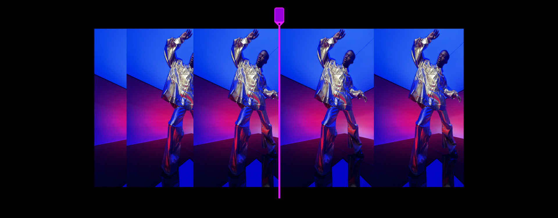 Video timeline of a person in a silver outfit in front of a blue and magenta background, Final Cut Pro trim controls