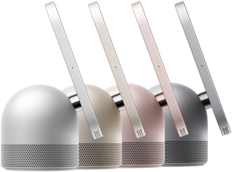 Apple HomeView, four devices in a row, side exterior, in silver colour, starlight colour (pale gold), rose pink coloru, and space grey colors showing perforated speaker grilles