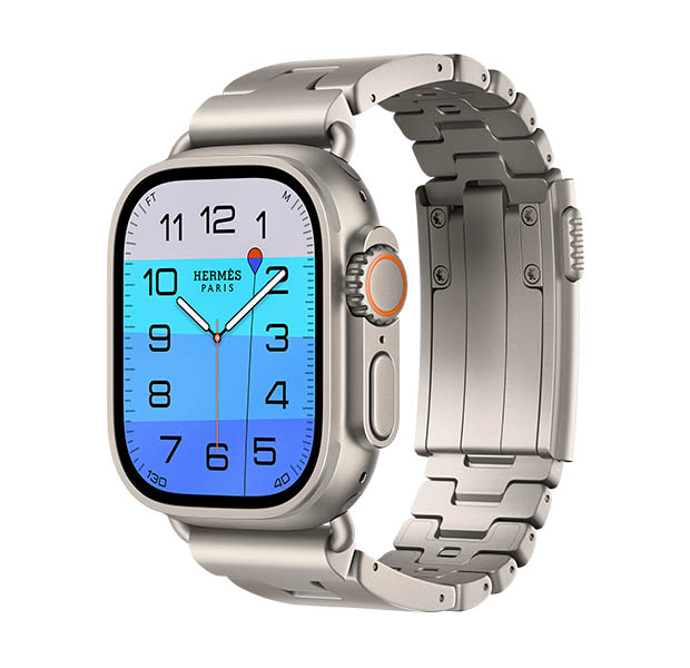 ساعة Apple Watch Hermès Ultra 4، واجهة الساعة بعقارب أعماق وعجائب (عقارب الساعة والدقيقة والثانية، إضافة العمق، مع عوامة بلون برتقالي تطفو فوق محيط بلون تركوازي مع تدرج لوني من أزرق فاتح إلى أزرق داكن)، إطار تيتانيوم، لون طبيعي، الجهة الخارجية اليمنى، التاج الرقمي، زر جانبي نافر، مقترنة بحزام Grand H Titane، لون Gris Titane