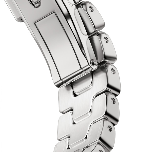 تفاصيل حزام Grand H لساعة Apple Watch Hermès Series 12، لون satiné، مشبك معدني سريع الفتح