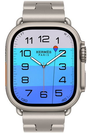 ساعة Apple Watch Hermès Ultra 4، واجهة الساعة بعقارب أعماق وعجائب (عقارب الساعة والدقيقة والثانية، إضافة العمق، مع عوامة بلون برتقالي تطفو فوق محيط بلون تركوازي مع تدرج لوني من أزرق فاتح إلى أزرق داكن)، إطار تيتانيوم، لون طبيعي، الجهة الخارجية اليمنى، التاج الرقمي، زر جانبي نافر، مقترنة بحزام Grand H Titane، لون Gris Titane