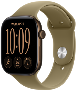 Apple Watch Series 12, aluminum case, dark bronze colour, right side exterior, Digital Crown dial, microphone, side button, connected to Sport Band, olive colour (earthy green), pin-and-tuck closure (silver pin)
