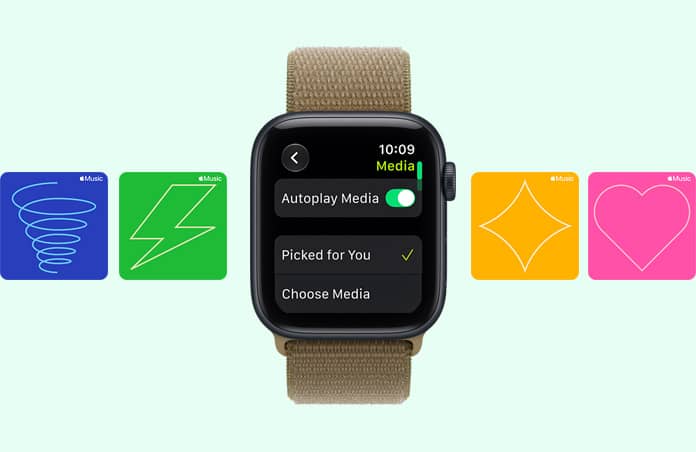 Apple Watch SE 3, aluminum case, midnight colour, screen shows Media Player, right side exterior, Digital Crown dial, Sport Loop band, olive colour (earthy green), background Apple Music graphic cards: whirlwind, lightning, diamond and heart illustrations