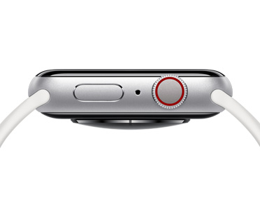 Apple Watch color argento, lato destro, tasto laterale, foro per il microfono, Digital Crown