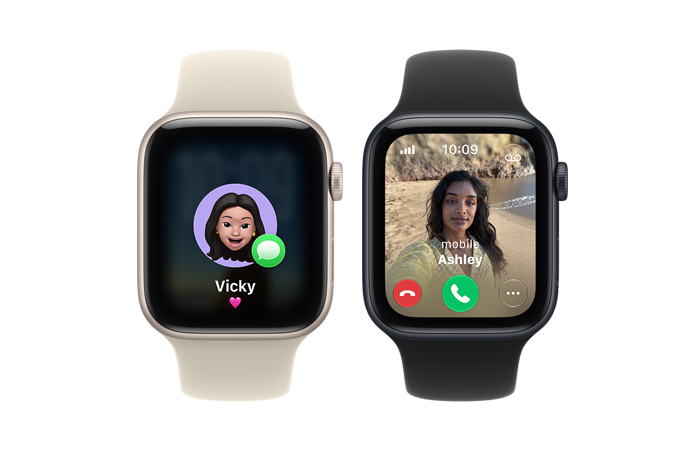 Apple Watch SE 3 devices, aluminum cases, starlight and midnight colours, screens show memoji, incoming call, right side exterior, Digital Crown dial, Sport Bands, sand (pale tan) and black colours