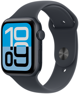 Apple Watch SE 3, aluminum case, midnight color, Flux watch face, right side exterior, Digital Crown, microphone, side button, midnight Sport Band, midnight pin-and-tuck closure