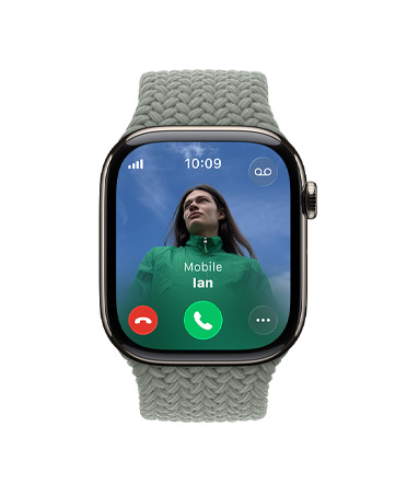 Apple Watch Series 11, natural color, titanium case, incoming call, contact photo, accept and decline call buttons, right side exterior, Digital Crown, band, green gray Braided Solo Loop