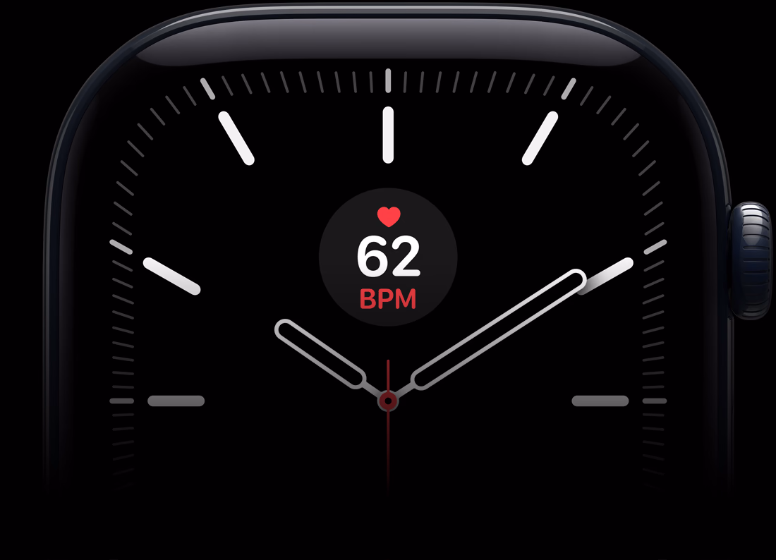 Apple Watch Series 12，黑色鋁金屬錶殼，螢幕顯示經線錶面上的心率複雜功能，機身右側有數碼錶冠