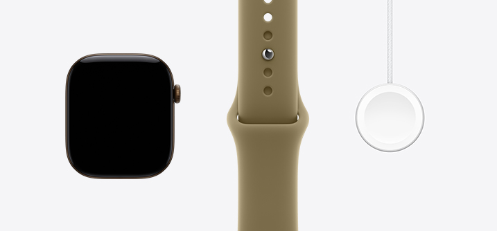 Apple Watch Series 12, Aluminiumgehäuse, Farbe Dunkelbronze, Vorderseite, All‑Screen Display, Sportarmband in Oliv, Apple Watch Magnetisches Schnellladegerät auf USB‑C Kabel