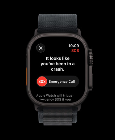 Apple Watch Ultra 3, black color, titanium case, crash detection notification, emergency call prompt, Alpine Loop, black color