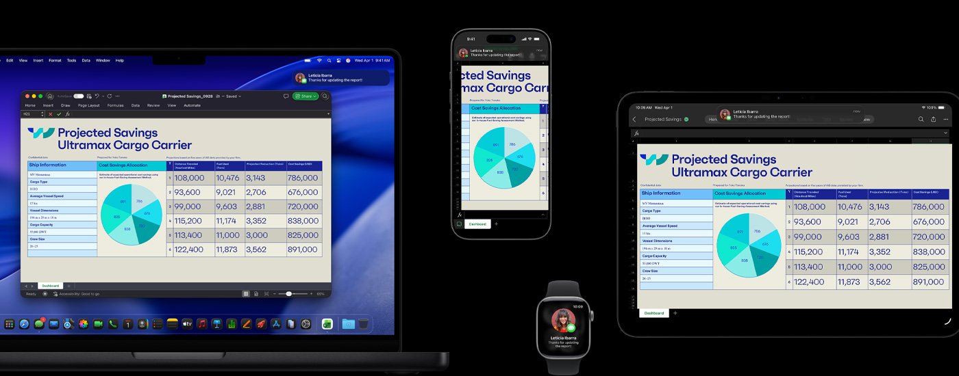 Uma planilha e uma mensagem de texto são exibidas em vários aparelhos, incluindo iPhone, iPad, Apple Watch e Mac com macOS Tahoe