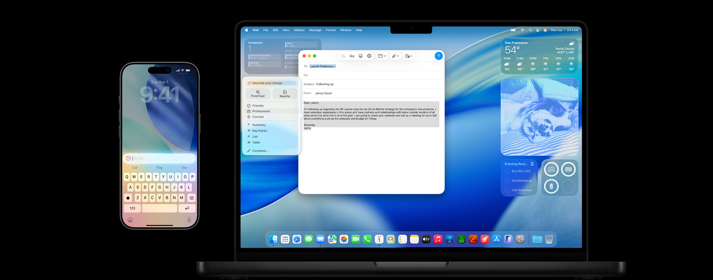 Um iPhone e um Mac mostram a Apple Intelligence e o protetor de tela do macOS Tahoe