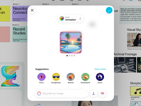 Die Benutzeroberfläche von Image Playground zeigt einen Pool mit Palmen vor einem farbenprächtigen  Sonnenuntergang und Vorschläge für weitere Elemente, die dem Bild hinzugefügt werden können.