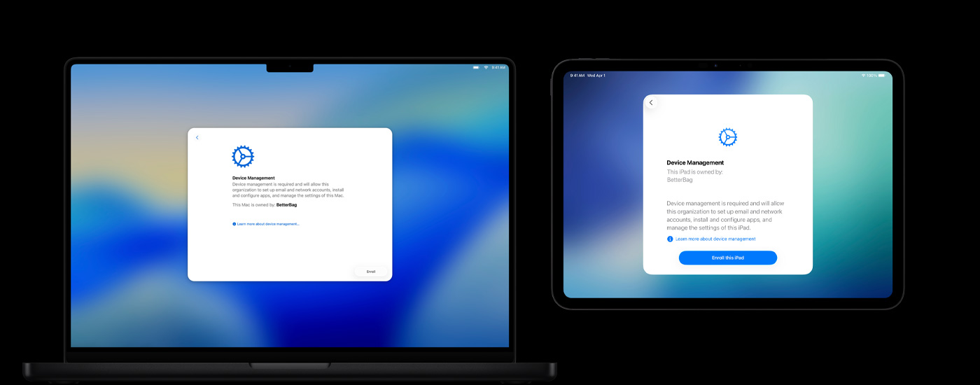 Zwei Apple Geräte nebeneinander: Auf einem Mac Computer wird das Fenster mit der Geräteverwaltung angezeigt und auf einem iPad der Bildschirm der Geräteverwaltung.