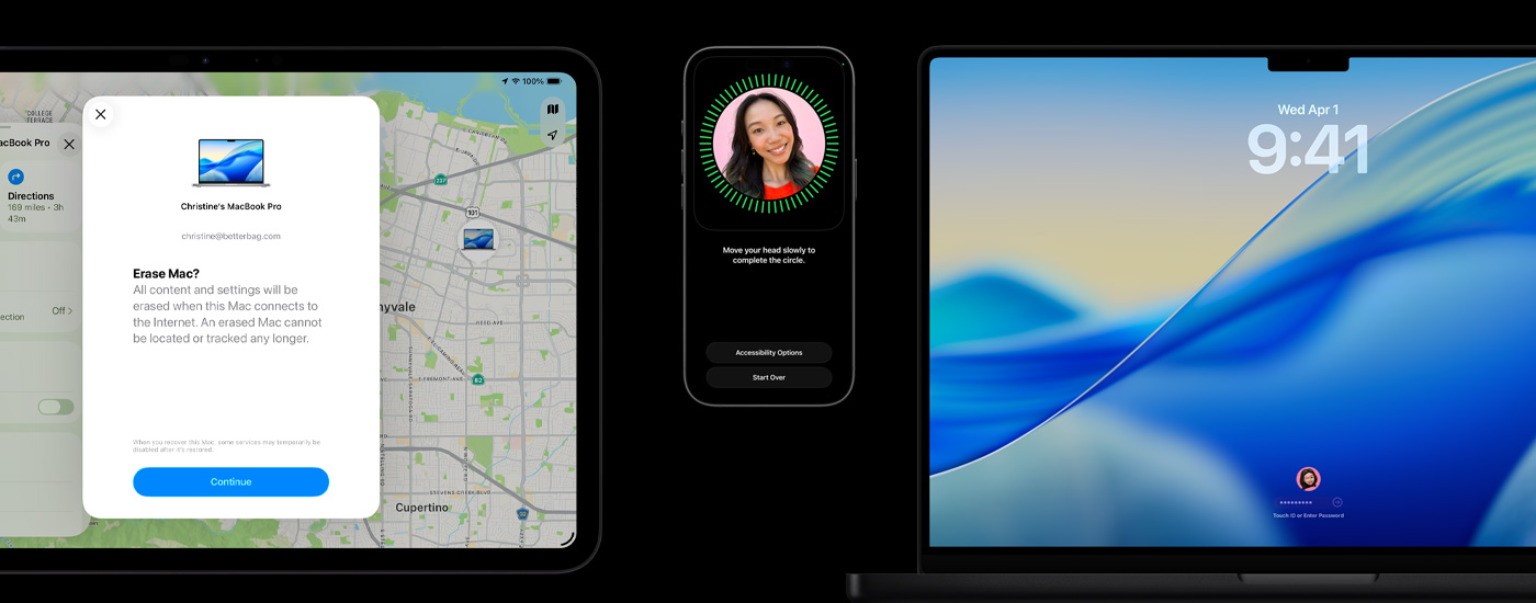 Ein iPad zeigt die Option „Mac löschen“, ein iPhone zeigt die Face ID Einrichtung und ein Mac zeigt den macOS Tahoe Homescreen mit Passwort oder Touch ID.