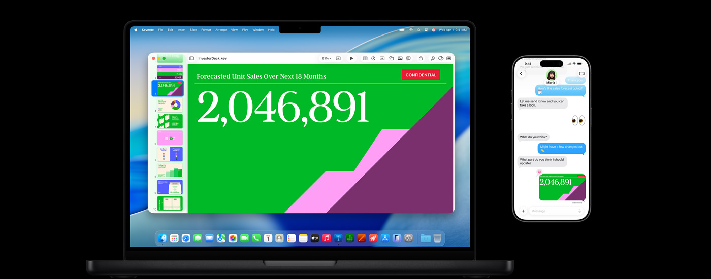 Um Mac mostra uma apresentação e o papel de parede do macOS Tahoe. Em frente ao Mac, há um iPhone com a mesma apresentação dentro de uma troca de mensagens de texto