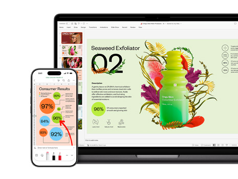 Ein Mac und ein iPhone zeigen verschiedene Abschnitte einer beeindruckenden und farbigen Präsentation über ein Hautpflegeprodukt.