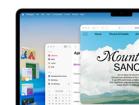 Mehrere Fenster und Apps, die mit Stage Manager auf einem Bildschirm gezeigt werden, darunter Keynote, Pages, Mail und eine Website, mit macOS Tahoe im Hintergrund.