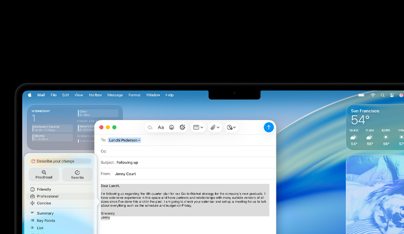Ein Mac Schreibtisch mit einer geschäftlichen E‑Mail, die eine Apple Intelligence Anfrage enthält. Hinter dem E‑Mail Fenster sind verschiedene Widgets und das macOS Tahoe Hintergrundbild.