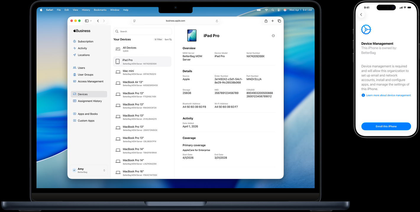 Die Displays eines MacBook und eines iPhone: Auf dem MacBook wird Apple Business Essentials angezeigt, auf dem iPhone die Geräteverwaltung während des Setups.