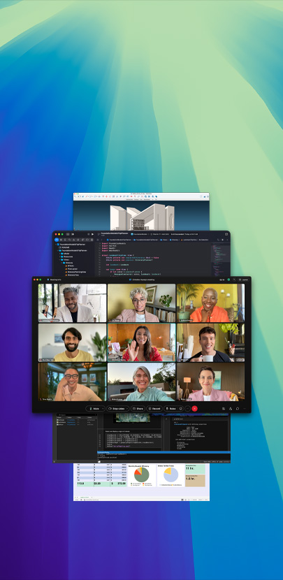 Unter macOS Tahoe werden mehrere App-Bildschirme gezeigt, darunter ein virtuelles Meeting mit lächelnden Personen in Webex.
