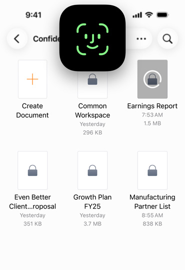 Ein iPhone Display mit Pages und dem Face ID Symbol im Vordergrund, um zu zeigen, wie ein Gerät sicher entsperrt wird