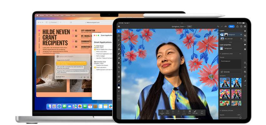 A MacBook and an iPad display apps with AI integrations
