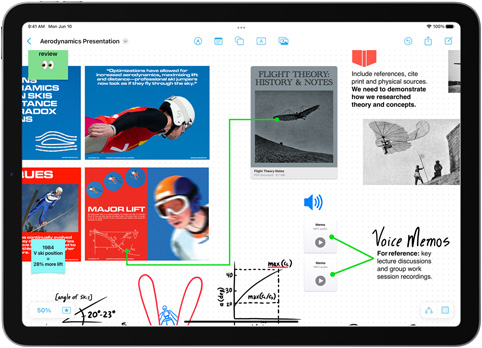 An iPad displaying a Freeform board being used to create an aerodynamics presentation.