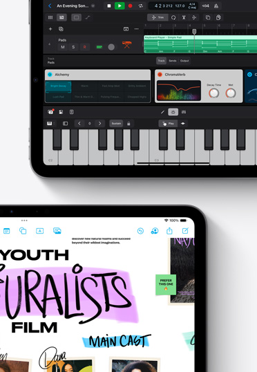 Two iPads displaying the LogicPro and Freeform apps.