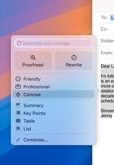 Mac desktop with an email draft featuring an Apple Intelligence prompt. The option to make the email more concise is selected.