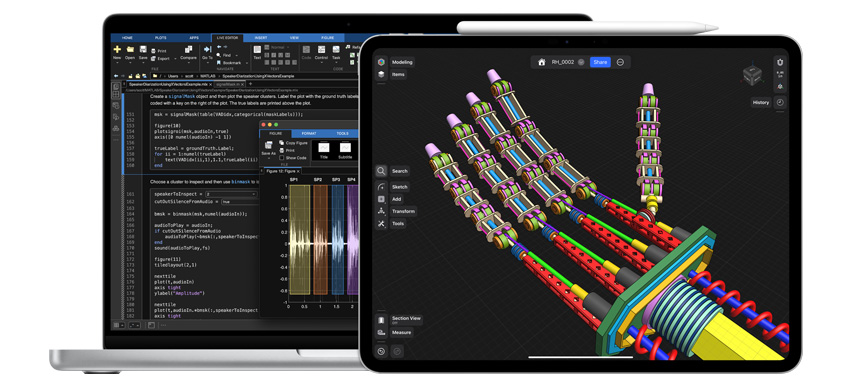 Science, technology, engineering, and math apps displayed on a MacBook and an iPad, with an Apple Pencil Pro beside the iPad.