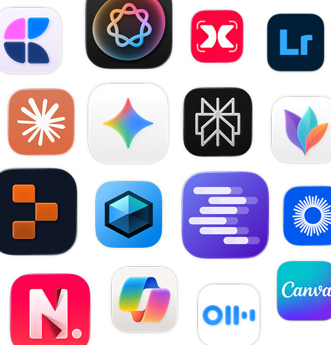 Um conjunto de ícones de apps de IA como MindNode, Adobe Lightroom, Claude e Google Gemini
