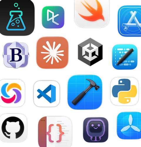 Uma conjunto de ícones de apps de programação, incluindo Unity Editor, DataCamp, Swift Playground e Apple Developer.
