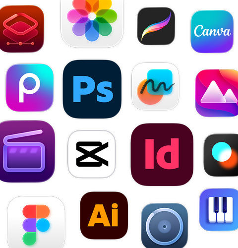 Um conjunto de ícones de apps de criatividade como Adobe Illustrator, Canva, CapCut e Figma