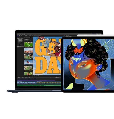 Ecrã do Mac a mostrar o Final Cut Pro; um ecrã do iPad a mostrar o Procreate Dreams