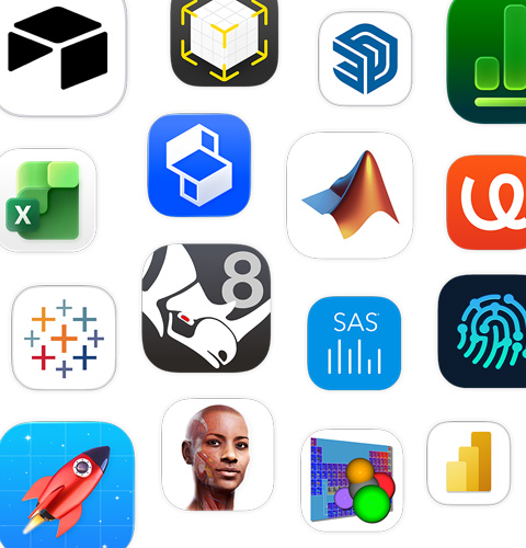 Um conjunto de ícones de apps CTEM, incluindo Shapr3D, MATLAB, uMake e Tableau.