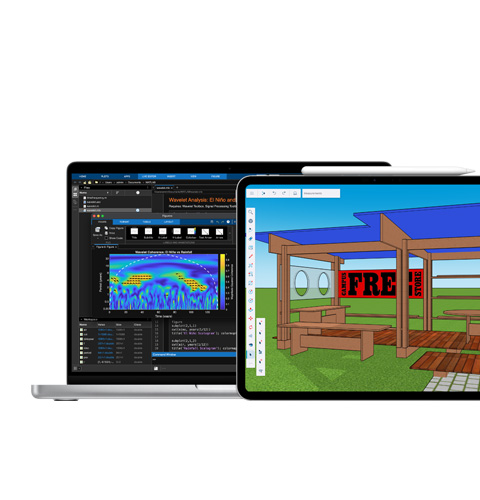 Ecrã do Mac a mostrar o MATLAB; um ecrã do iPad a mostrar o Shapr3D