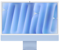 Vista frontal de um iMac azul, com câmara na parte superior central, a exibir um papel de parede abstrato em azul.