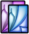 Vista frontal de dois dispositivos iPad Air de tamanhos diferentes, com o mais pequeno à frente do maior, com padrões vibrantes em gradiente em roxo e azul.