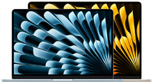 Portáteis MacBook Air, com o mais pequeno à frente do maior, abertos, com papéis de parede vibrantes com design abstrato em azul e amarelo.